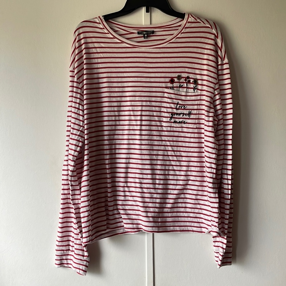 Cropped long sleeve “love yourself more” striped tee